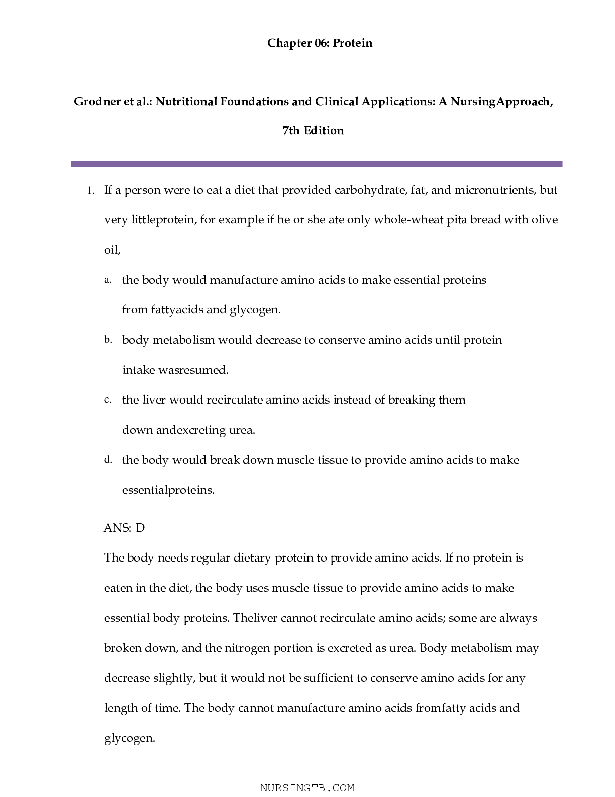 Preview of ATI Chapter 06 Protein, Grodner et al. Nutritional Foundations and Clinical Applications A